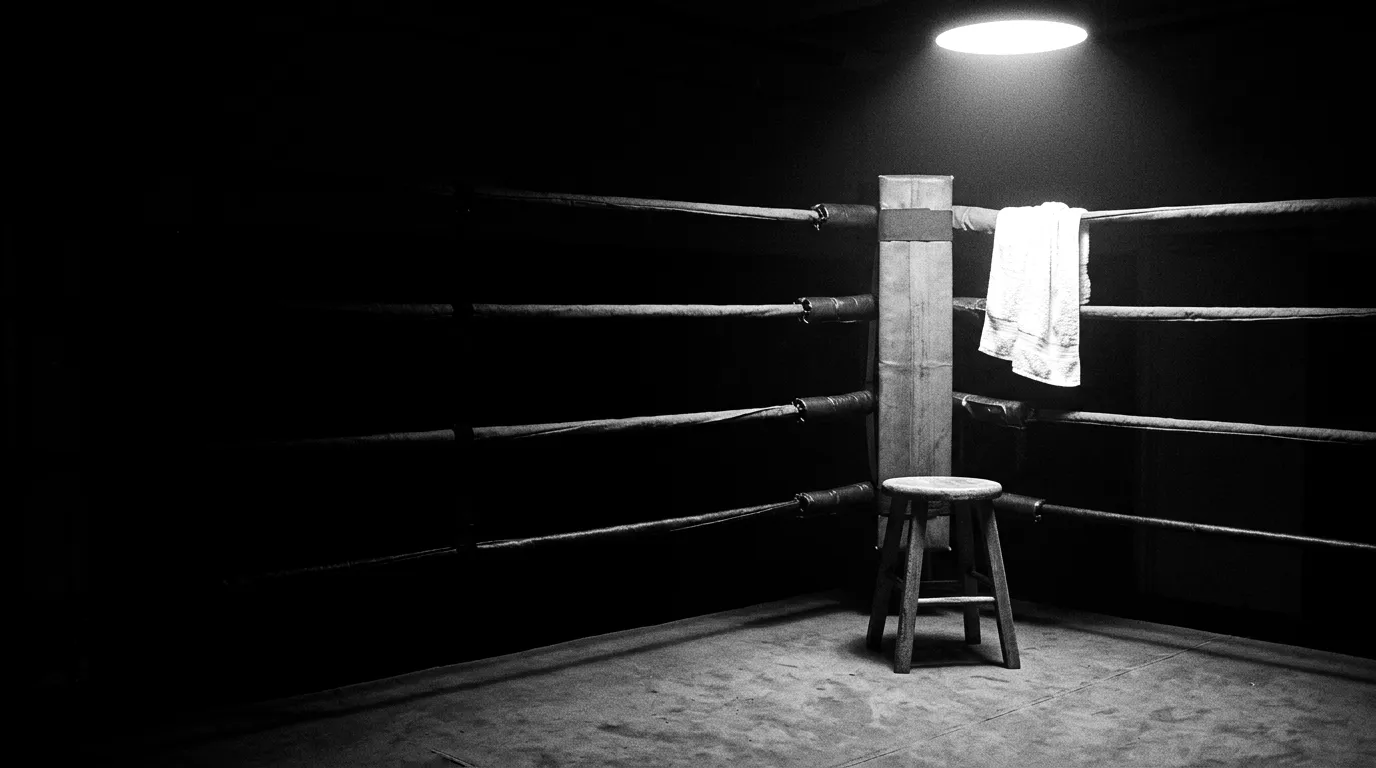An empty boxing ring corner with a stool and a towel over the rope