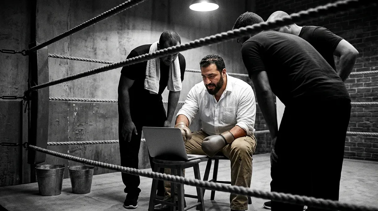 A man in a white collared shirt with the sleeves rolled, wearing boxing gloves, sits in the corner of a ring looking at a laptop while three members of his corner team lean in to see the screen