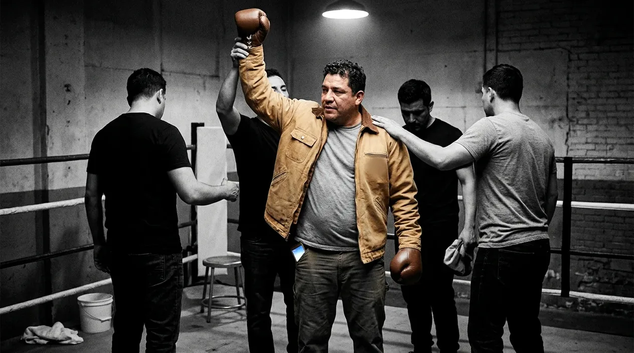 A man in a tan canvas work jacket and boxing gloves has his arm raised by a member of his corner team, while the others gather around him and one rests a hand on his shoulder