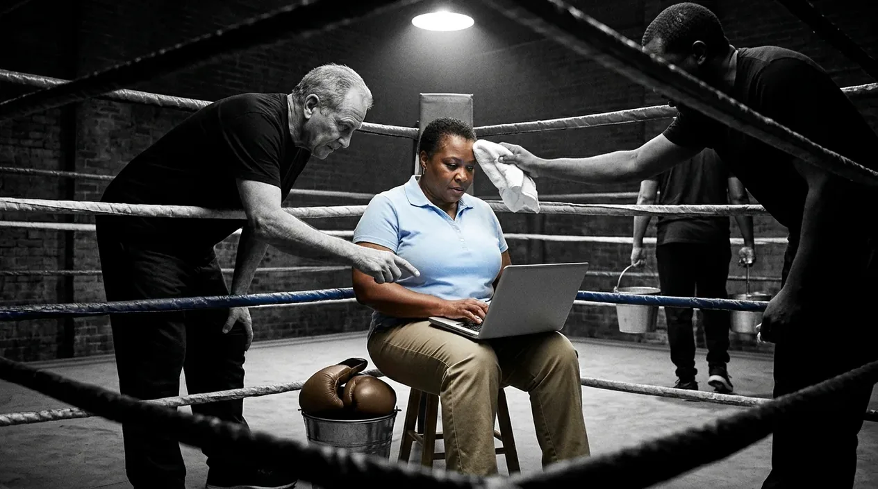 A woman in a light blue collared shirt and khakis sits on a stool in a boxing ring working on a laptop, while one corner team member points at her screen and another dabs her forehead with a towel